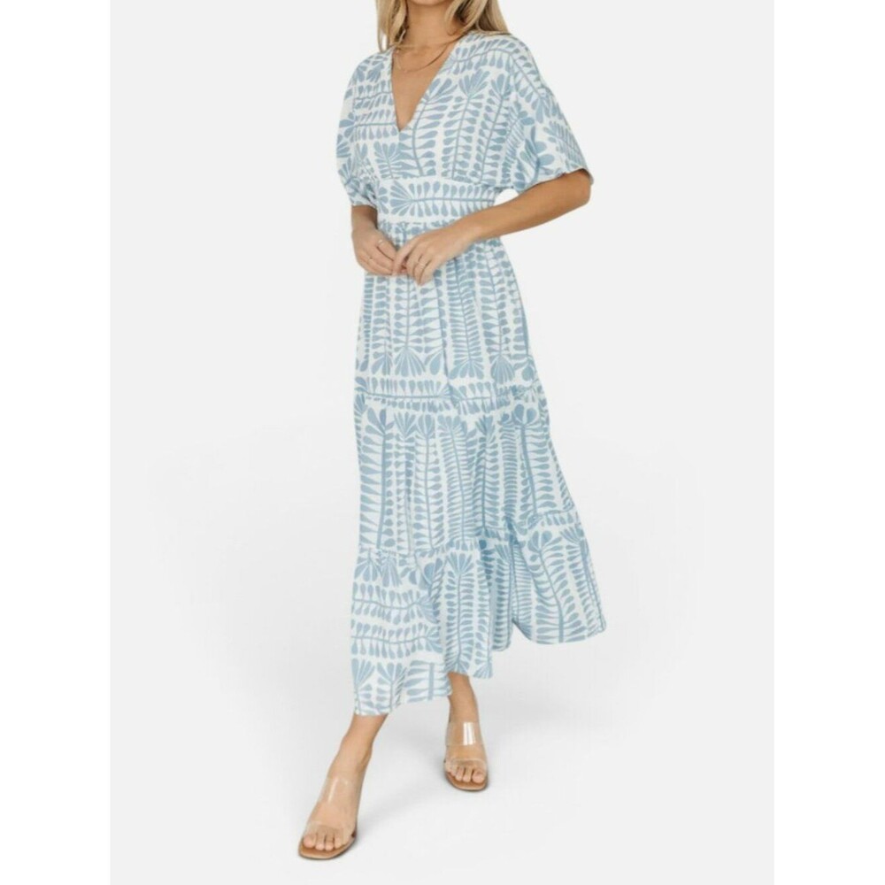 Baltic Born Austin Kimono Midi Dress XL Blue White Print Boho Smocked